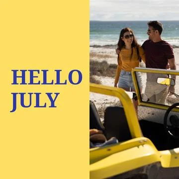 Composition of hello july text over caucasian couple by car on beach Fotos Stock