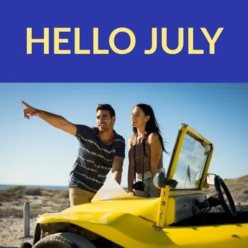 Composition of hello july text over caucasian couple with map by car on beach Fotos Stock