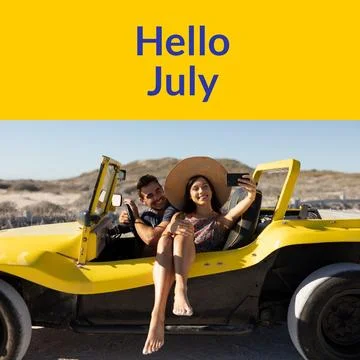 Composition of hello july text over caucasian couple in car on beach Fotos Stock