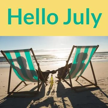 Composition of hello july text over african american couple holding hands in Fotos Stock