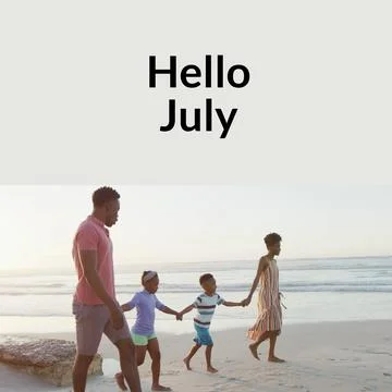Composition of hello july text over african american couple with son and Fotos Stock