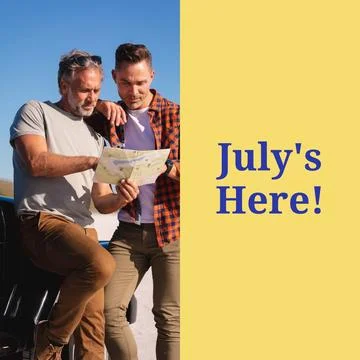 Composition of hello july text over caucasian male gay couple with map by car on Fotos Stock