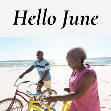 Composition of hello june text over african american senior couple with bikes by Fotos Stock
