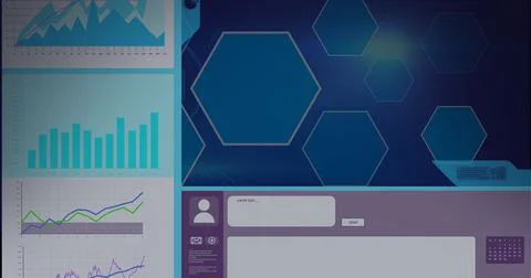 Composition of hexagons and medical data processing on screens Stock Illustration