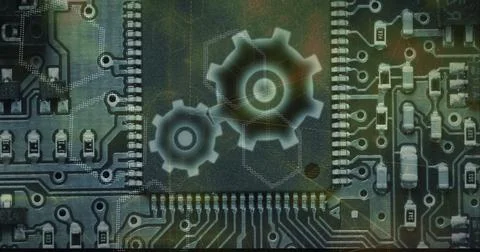 Composition of hexagons over computer processor circuit board server Stock Illustration
