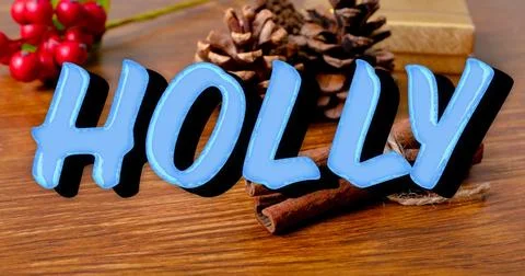 Composition of holly text over christmas decorations on table Stock Illustration