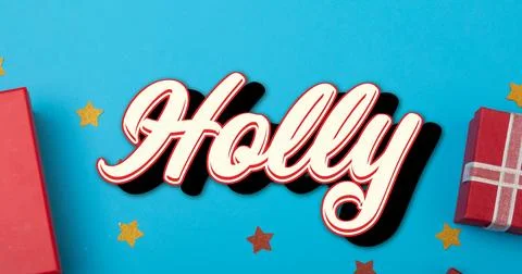 Composition of holly text over christmas presents and stars on blue background Stock Illustration