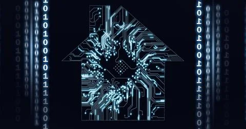 Composition of house with computer processor circuit board with binary coding Stock Illustration
