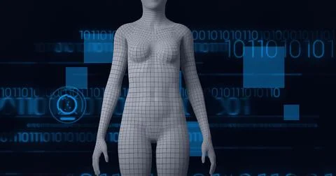 Composition of human body formed with grey particles and binary coding 스톡 일러스트
