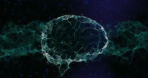 Composition of human brain and dna strand on black background Stock Illustration