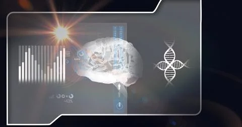 Composition of human brain, dna strand and scientific data processing on screen Ilustração Stock