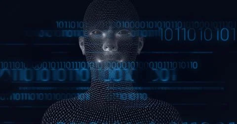 Composition of human bust and blue binary coding processing Stock-Illustration