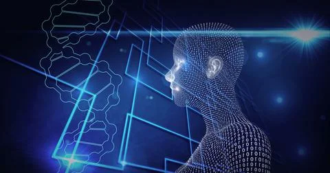 Composition of human bust formed with binary coding over dna strand on blue Illustrazione stock