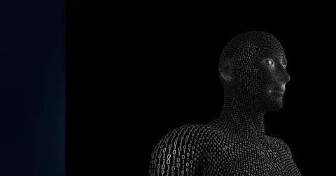 Composition of human bust formed with binary coding with blue banner 스톡 일러스트