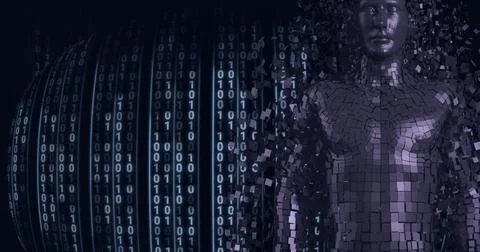 Composition of human bust formed with binary coding on black background 스톡 일러스트