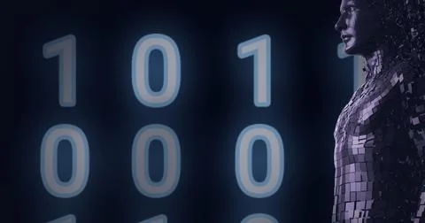 Composition of human bust formed with binary coding on black background 库存插图