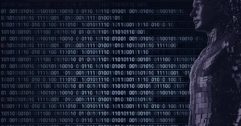 Composition of human bust formed with binary coding on black background 스톡 일러스트