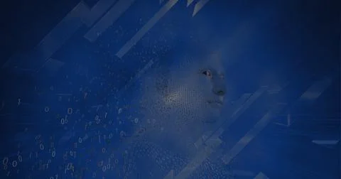 Composition of human bust formed with binary coding exploding on blue background Illustrazione stock