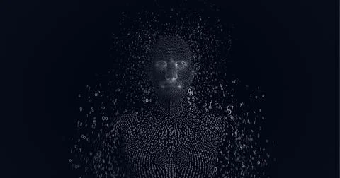 Composition of human bust formed with binary coding exploding on black Stock Illustration