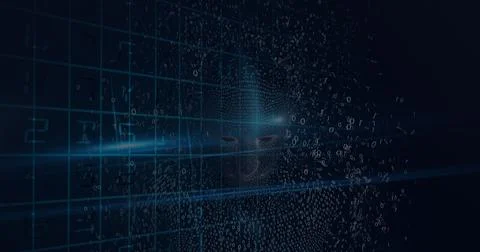 Composition of human bust formed with binary coding exploding over grid on black イラスト素材