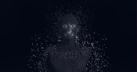 Composition of human bust formed with binary coding exploding on black 스톡 일러스트