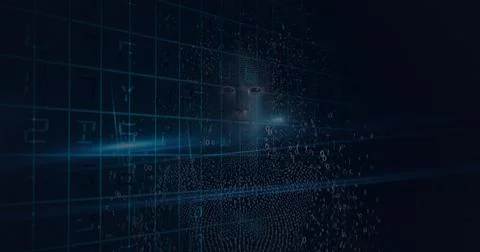 Composition of human bust formed with binary coding exploding over grid on black 스톡 일러스트