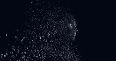 Composition of human bust formed with binary coding exploding on black 스톡 일러스트