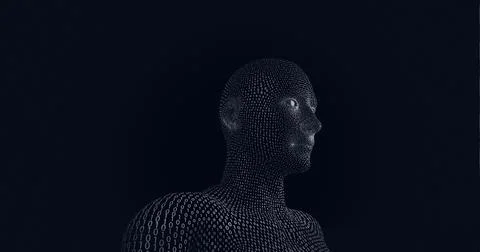 Composition of human bust formed with binary coding on black background Stock Illustration