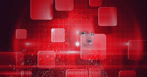 Composition of human bust formed with binary coding exploding on red background 스톡 일러스트