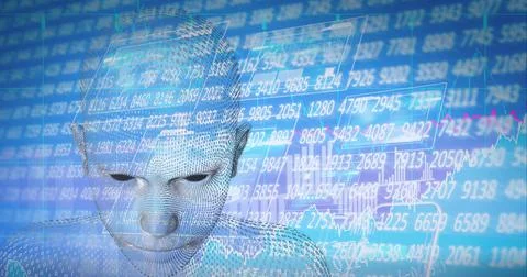 Composition of human bust formed with binary coding and financial data 스톡 일러스트