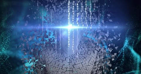 Composition of human bust formed with grey particles and data processing on blue Illustrazione stock