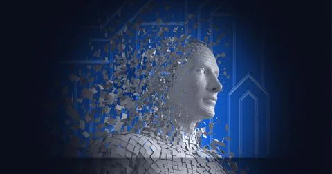 Composition of human bust formed with grey particles exploding on blue 스톡 일러스트