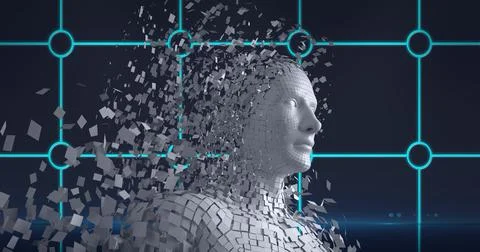 Composition of human bust formed with grey particles exploding over green イラスト素材