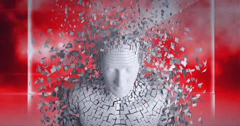 Composition of human bust formed with grey particles exploding on red background Stockillustratie