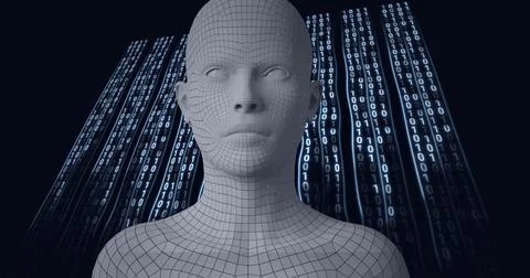 Composition of human bust formed with grey particles over binary coding Stock Illustration