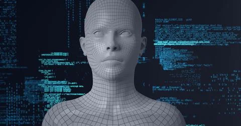 Composition of human bust formed with grey particles over data processing Stock Illustration