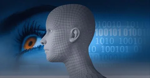 Composition of human bust formed with grey particles, human eye and binary Illustrazione stock