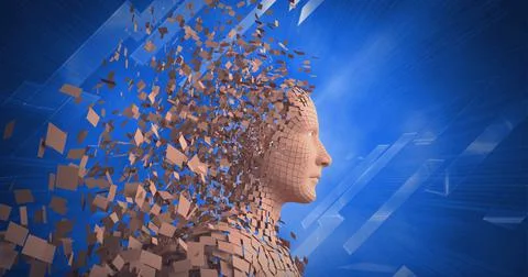 Composition of human bust formed with particles exploding on blue background 스톡 일러스트