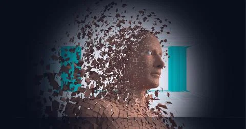 Composition of human bust formed with particles exploding on grey background Stockillustratie