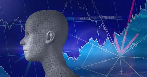 Composition of human bust formed with particles and financial data processing Illustrazione stock