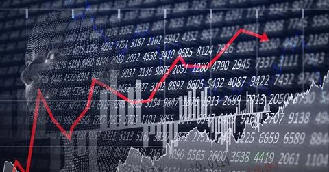 Composition of human bust formed with particles and financial data processing Stock Illustration