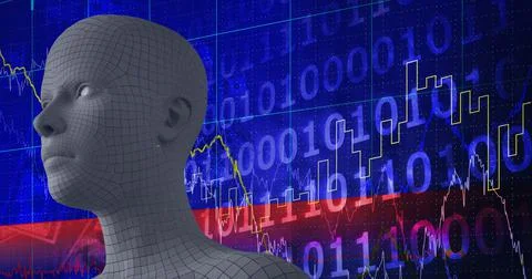 Composition of human bust formed with particles and financial data processing Stock Illustration