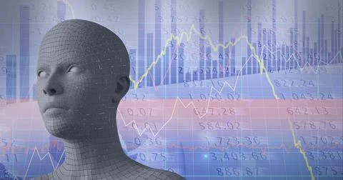 Composition of human bust formed with particles and financial data processing Stock-Illustration