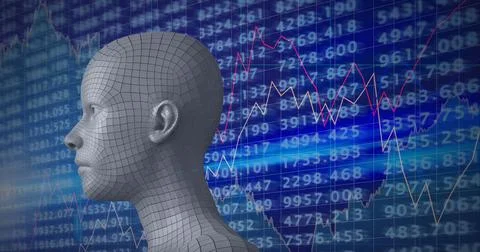 Composition of human bust formed with particles and financial data processing Ilustração Stock