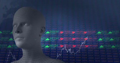 Composition of human bust formed with particles and financial data processing Ilustração Stock