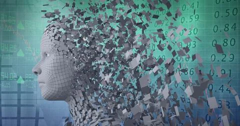 Composition of human bust formed with particles and financial data processing Ilustração Stock