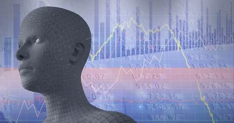 Composition of human bust formed with particles and financial data processing Illustrazione stock