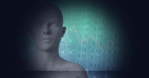 Composition of human bust formed with particles and financial data processing Stock Illustration