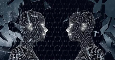 Composition of human busts formed with binary coding and network of hexagons on 스톡 일러스트
