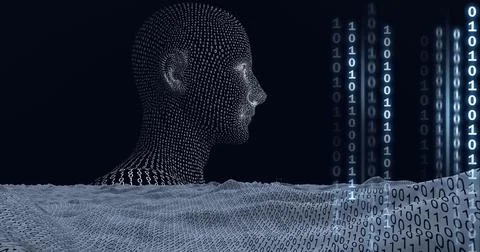 Composition of human digital head and binary coding processing Illustrazione stock